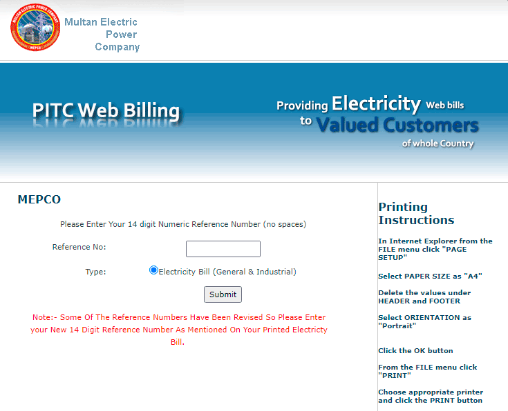 WAPDA Duplicate Bill MEPCO Online By Reference No Meter No