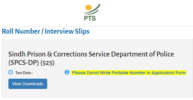 Sindh Prison & Correction Service PTS 525 Roll No Slip 2022 Test Date