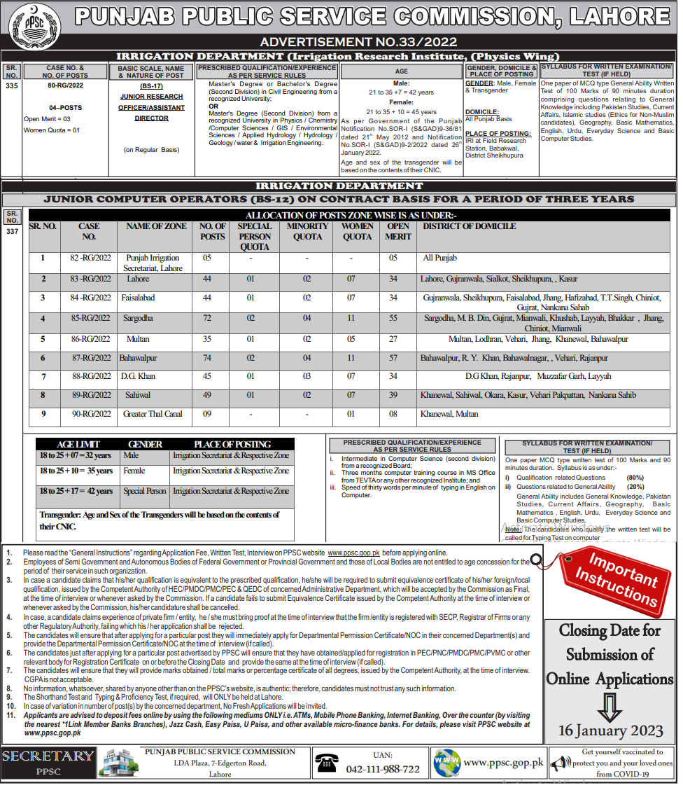 Punjab Irrigation Department Test PPSC Roll No Slip 2024 Test Date