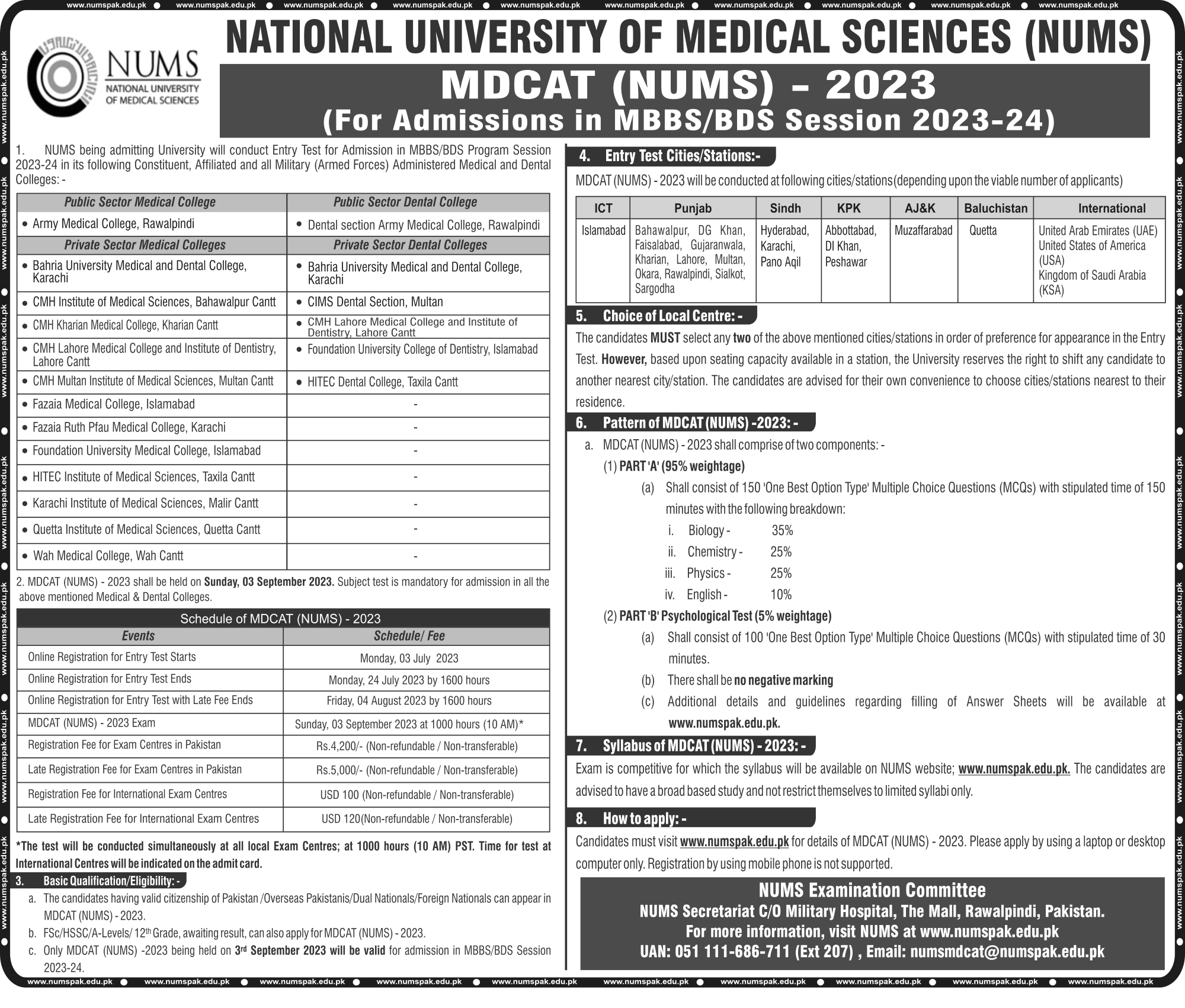 NUMS MDCAT Entry Test Registration 2023/24 Last Date Fee Structure
