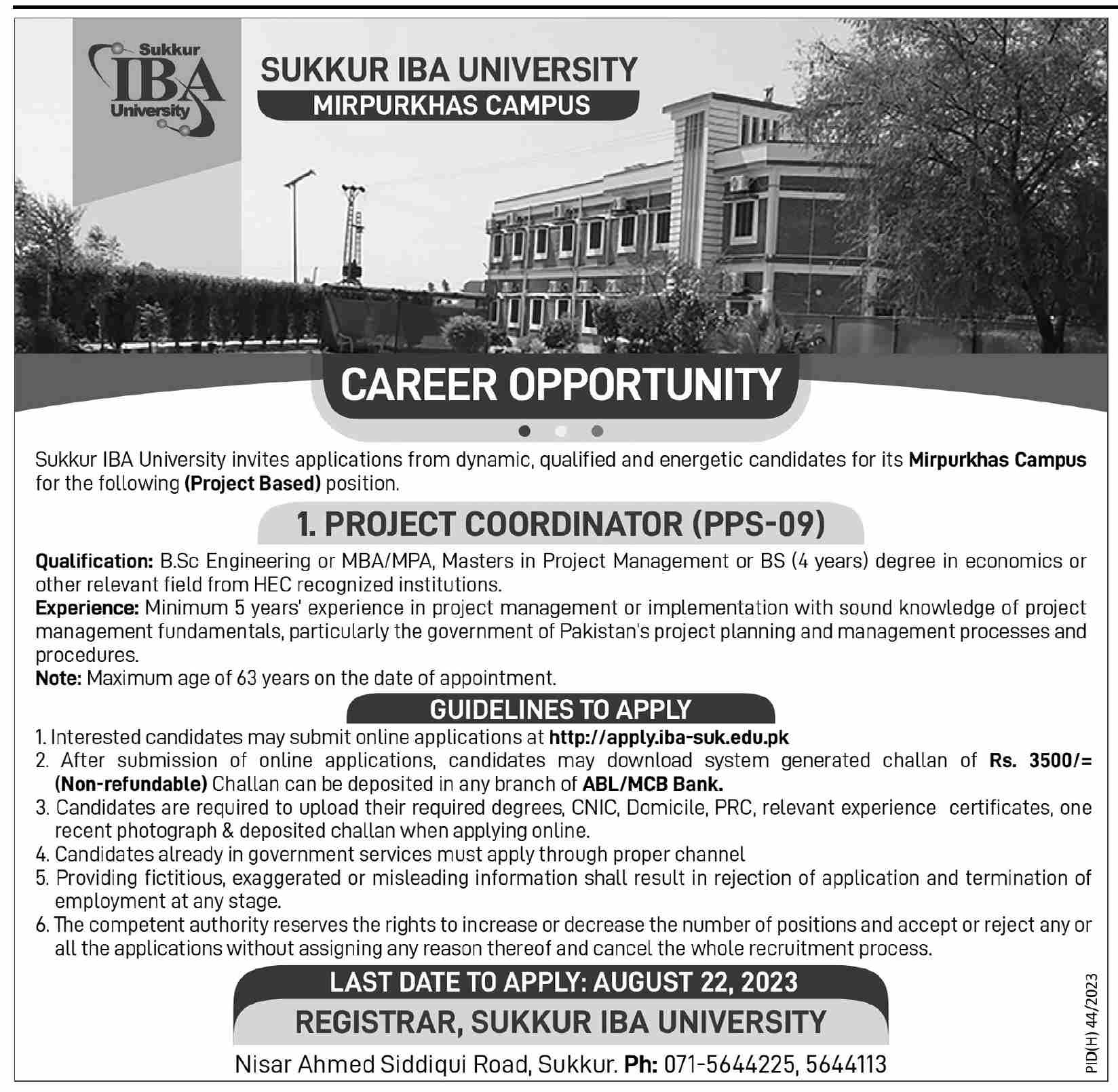 Sukkur iBA University has announced new jobs Registration Online 2024