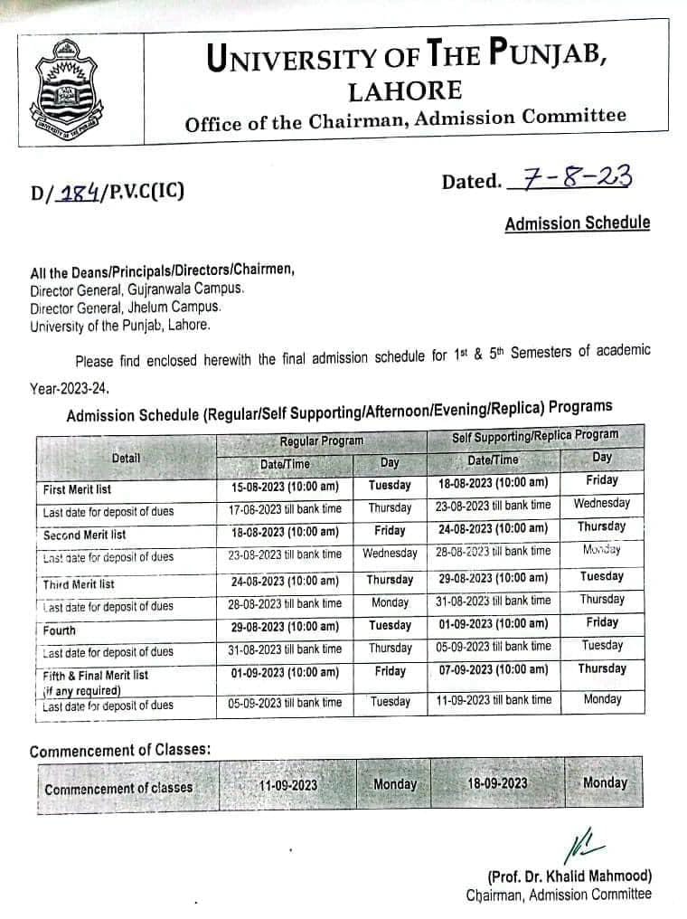PU Lahore BS 1st & 5th Semester Merit Lists Online 2024