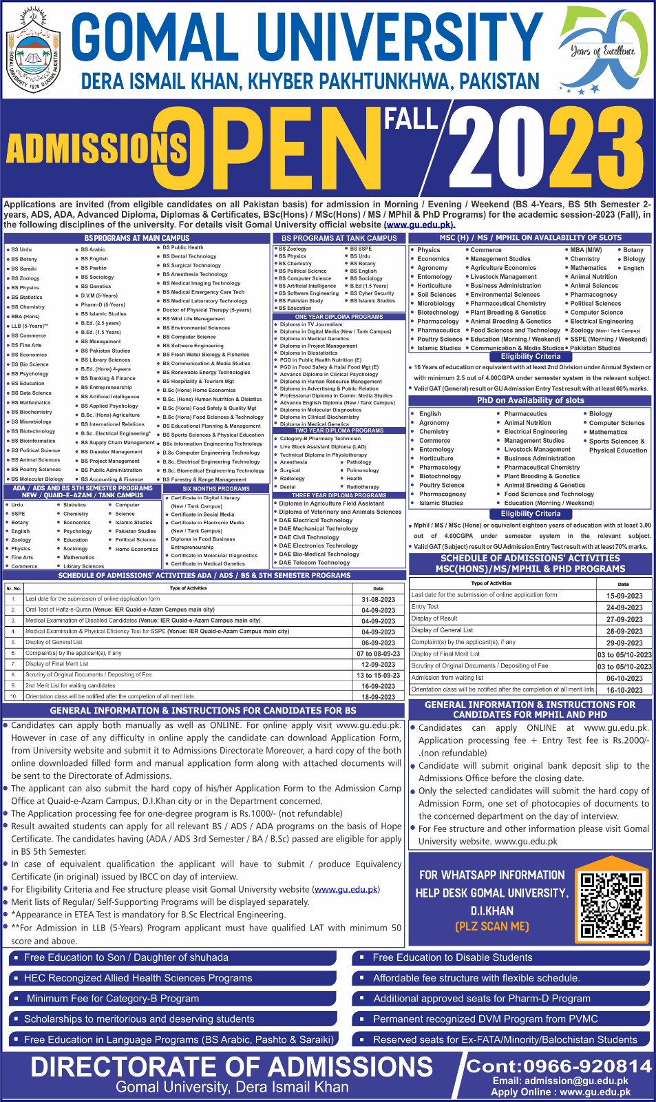 GOMAL University BS/M.A,MSC Admission Online 2024