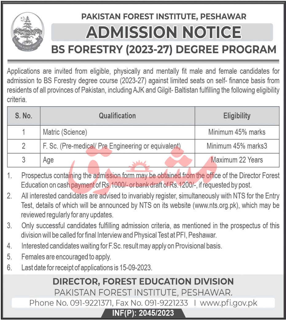 Pak Forest Institute Peshawar Admission Online 2023