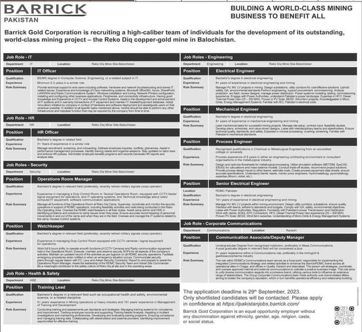 BARRICK Pakistan Gold Mine Jobs 2024 Online Apply