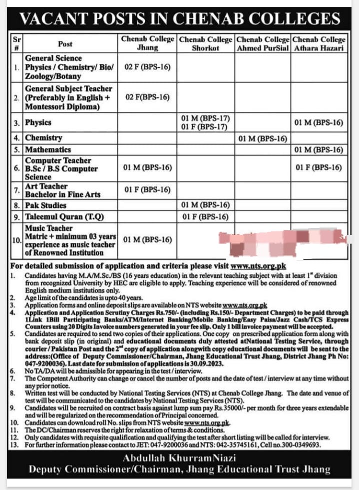 Jobs In Chenab College 2023 Online Apply