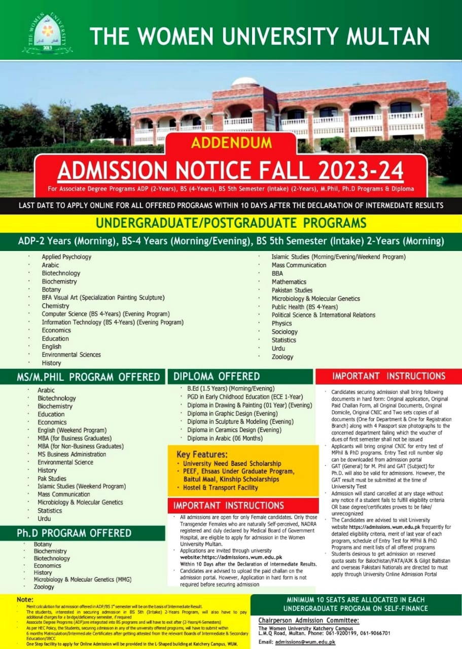 The Women University Multan Admission 2023-24 Online Apply