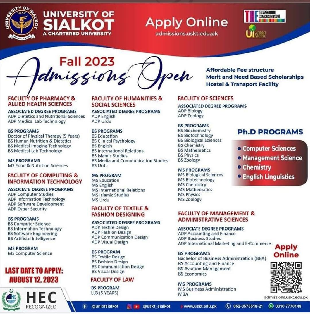 University Of Sailkot Admission 2024 Online Apply