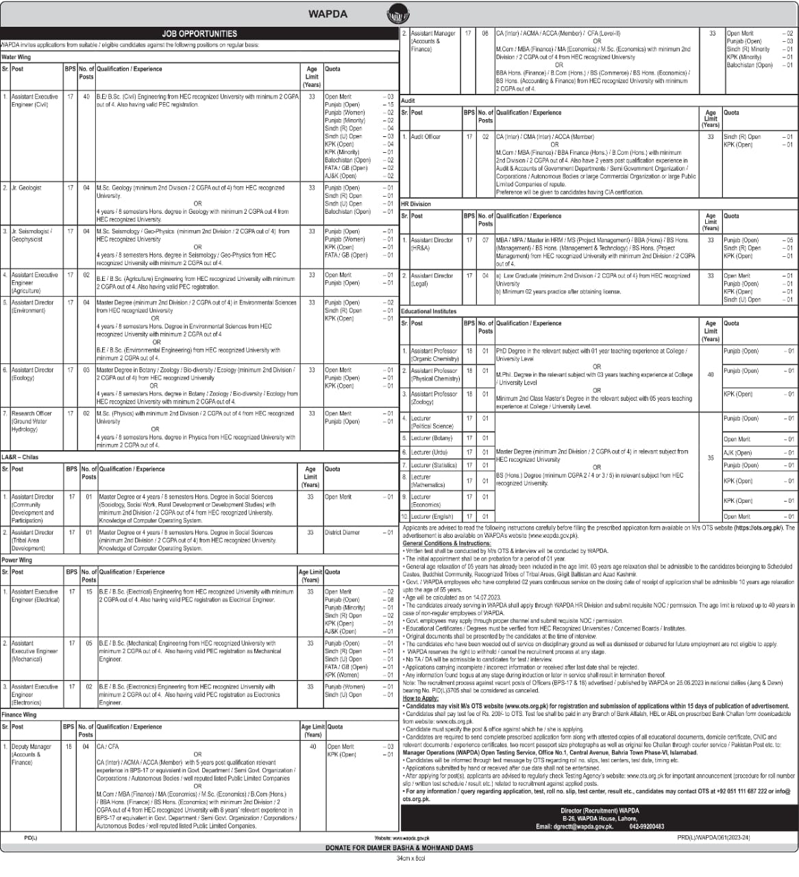 WAPDA New Jobs Online Registration 2024 Advertisment