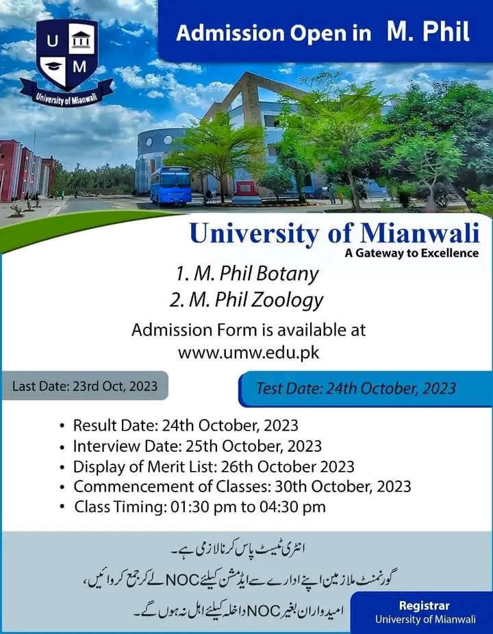 University Of Mianwali M.Phl Admission 2024 Online Apply